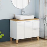 36-Inch Modern Bathroom Vanity with Sink Combo,2 Doors and 2 Big Drawer, Soft-Clost System,Handle-Free Design,Natural Solid Wood Top and Feet,Square-Shap Ceramic Basin On the Countertop,Glossy White