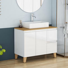 36-Inch Modern Bathroom Vanity with Sink Combo,2 Doors and 2 Big Drawer, Soft-Clost System,Handle-Free Design,Natural Solid Wood Top and Feet,Square-Shap Ceramic Basin On the Countertop,Glossy White