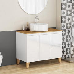 36-Inch Modern Bathroom Vanity with Sink Combo,2 Doors and 2 Big Drawer, Soft-Clost System,Handle-Free Design,Natural Solid Wood Top and Feet,Round Ceramic Basin On the Countertop,Glossy White