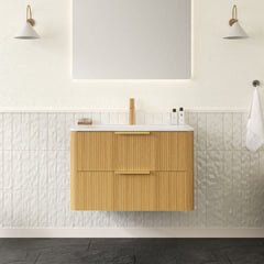 ZANE 30" Bathroom Vanity with Sink, Floating Ultra-Pinstriped Plywood Storage Cabinet with Drawers, Carrara White Sintered Stone Hot-bent Integrated Basin, Pre-assembled, Light Natural Woodgrain Color