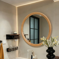 Natural Wood Round Wall Mirror, 23.62" Minimalist Decorative Mirror for Bathroom Vanity/Living Room (Sleek Solid Wood Frame)
