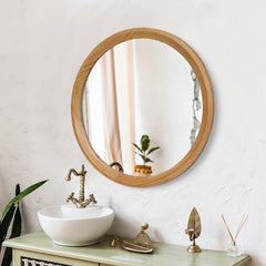 Natural Wood Round Wall Mirror, 23.62" Minimalist Decorative Mirror for Bathroom Vanity/Living Room (Sleek Solid Wood Frame)