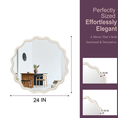 White 24 inch Wavy Round Solid Wood Frame Decorative Mirror,For Bedroom, Bathroom, Living Room, Entryway