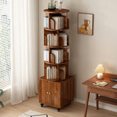 Rotating Bookshelf, 360 Degree Display 5 Tier Corner Bookshelf with Drawer for Small Space, Floor Standing Bookcase Storage Rack, Wood Narrow Organizer for Bedroom, Living Room, WALNUT COLOR