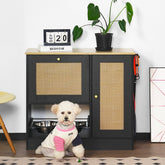 Feeding station with 2 lockers, pet feeding station with 2 elevated dog bowls, side hooks, anti-tipping kit, hidden pet feeding station for feeding and watering, rattan door, black