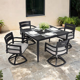 5-Piece Outdoor Patio Aluminum Furniture, Modern Dining Set, including 4 Swivel Rockers Sunbrella Fabric Cushioned and 40" Square Dining Table with Umbrella Hole, Ember Black