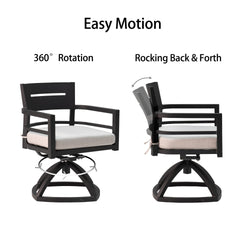 5-Piece Outdoor Patio Aluminum Furniture, Modern Dining Set, including 4 Swivel Rockers Sunbrella Fabric Cushioned and 40" Square Dining Table with Umbrella Hole, Ember Black