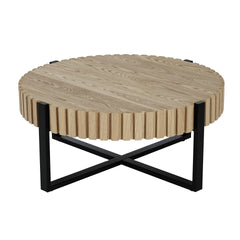 Round Coffee Table, Handcraft Drum Coffee Table with Gear Design & Cross Metal Base, Wood Grain MDF Top, 31.5" Modern Compact Coffee Table for Living Room Apartment