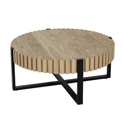 Round Coffee Table, Handcraft Drum Coffee Table with Gear Design & Cross Metal Base, Wood Grain MDF Top, 31.5" Modern Compact Coffee Table for Living Room Apartment