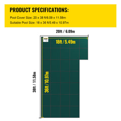 Inground Pool Safety Cover, 20 ft x 38 ft Rectangular Winter Pool Cover with Right Step, Triple Stitched, High Strength Mesh PP Material, Good Rain Permeability, Installation Hardware Included