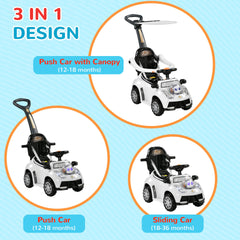 Qaba Push Car for Kids 1-3 Years, 3 in 1 Ride on Sliding Car, Foot to Floor Baby Push Car with Removable Handle, Music, Horn, Canopy, Safety Guardrail for Boys and Girls, White