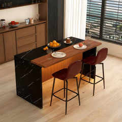 63-inch Modern Kitchen Island Set with 2 Dark Brown Bar Stools - Black Marble Look Surface, LED Lighting & Grill Design for Dining Room, Open Concept Spaces, Lounge(2 Dark Brown Bar Stools)