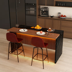 63-inch Modern Kitchen Island Set with 2 Dark Brown Bar Stools - Black Marble Look Surface, LED Lighting & Grill Design for Dining Room, Open Concept Spaces, Lounge(2 Dark Brown Bar Stools)