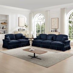 Classic 2 Piece Modular Couch Living Room Sofa Set with Flared Arms and Removable Ruffles Pleats Skirts and Spindle Legs, 3 Seater Sofa + 2-Seat Loveseat Sofa Sets for Living Room, Blue