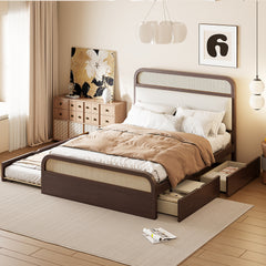 Queen size Wooden Platform Bed with Trundle and 2 Drawers,Espresso