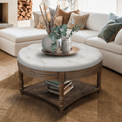 Large Round WaterProof Ottoman Coffee Table 2 Tier Oversized Button Tufted Ottoman with Wooden Shelf Storage Farmhouse Upholstered Coffee Table Living Room Footstool Ottoman Linen(Light Gray)