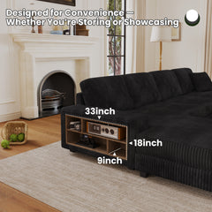 Convertible combination sofa, corduroy fabric, fluffy modern sleeper sofa chair, oversized combination living room double lounge chair,Black