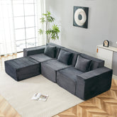 L-Shaped Modular Sectional Sofa, 3-Seater with Ottoman, Striped Corduroy Fabric, High-Density Foam For Home, Apartment, Office (Dark Gray)
