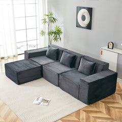 L-Shaped Modular Sectional Sofa, 3-Seater with Ottoman, Striped Corduroy Fabric, High-Density Foam For Home, Apartment, Office (Dark Gray)