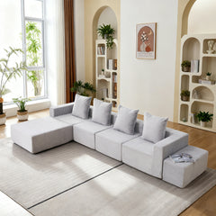 4-Seat Modular Sofa Sectional with Oversized Chaise & Ottomans - Cloud Couch in Soft Corduroy Fabric for Small Spaces, Living Room, Apartment (Gray)
