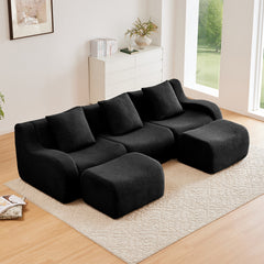 U-shaped Soft Teddy Fabric Boneless Sofa, Assembly Chaise,No Assembly Required Curved Armrest,Anti-Slip Design 32D High Density Sponge Streamlined Design,Fits Living Rooms Reading Nook,Black