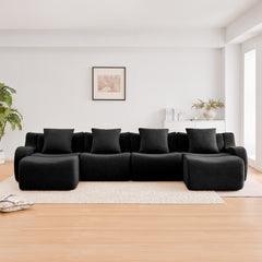 U-Shaped Boneless Sofa,Teddy Fabric No assembly required Curved armrest,Anti-slip Design,Streamlined Design 32D High Density Sponge,Full Compression Vacuum Packag,For Studies living Rooms,Black