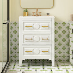 24'' Bathroom Vanity with Ceramic Sink Combo, Free Standing Single Vanity Set with 3 Drawers, Solid Wood Frame Bathroom Storage Cabinet, White