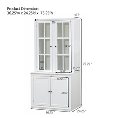 75.25''H 36.25''W Freestanding Glass Door Pantry, Farmhouse Style Display Cabinets, Hutch with Lattice Window, for Hallways, Livingroom Kitchen & Office,White