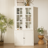 75.25''H 36.25''W Freestanding Glass Door Pantry, Farmhouse Style Display Cabinets, Hutch with Lattice Window, for Hallways, Livingroom Kitchen & Office,White