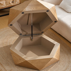 36.61'' Retro Style Polygon Flip Top Coffee Table, with Flip Top for Convenient Access, Hidden Storage, Solid Wood Veneered Drum Coffee Table with Storage for Living Room, Bedroom and Office, Natural