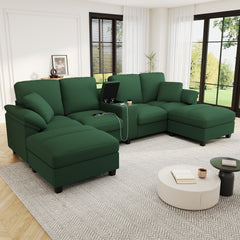 Modern U-shaped Sofa 116.9" Sectional Sofa Corduroy Upholstered Sofa Couch with Storage Ottomans, Cup Holders and USB Ports for Living Room, Green