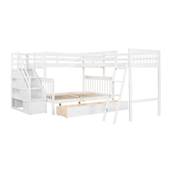 Twin over Full L-Shaped Bunk Bed With 3 Drawers, Ladder and Staircase - White