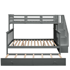 Stairway Twin-Over-Full Bunk Bed with Twin size Trundle, Storage and Guard Rail for Bedroom, Dorm, for Adults, Gray