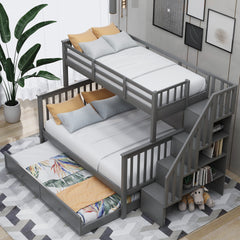 Stairway Twin-Over-Full Bunk Bed with Twin size Trundle, Storage and Guard Rail for Bedroom, Dorm, for Adults, Gray