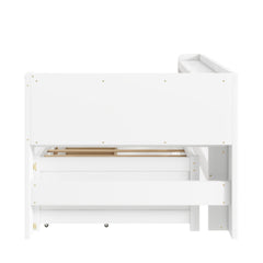 Twin Size L-shaped Bookcases Bed with Power Outlets, USB Charging Ports,Two Drawers,White