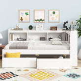 Twin Size L-shaped Bookcases Bed with Power Outlets, USB Charging Ports,Two Drawers,White