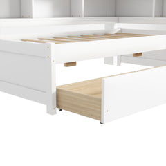 Twin Size L-shaped Bookcases Bed with Power Outlets, USB Charging Ports,Two Drawers,White
