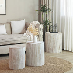 Set of 3, Rounded Wood Coffee Tables, End Tables, Plant Stands,Decorative Accent Pieces - Whitewashed Wood Finish