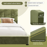 King Size Velvet Bed Frames, Upholstered Platform Bed with Curved Tufted Headboard, Soft Square Corners, Olive Green
