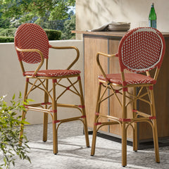 Outdoor Wicker and Aluminum 29.5" French Barstools, Set of 2, Red, Bamboo Print Finish