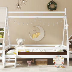 Full House Platform Bed with Stairs, Solid Wood Twin Bed Frame, Low Profile and Childlike Fun Design, White