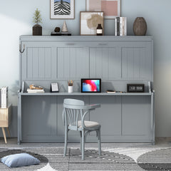 Full Size Murphy Bed with Hydraulic Lift & Desk Design, Gray