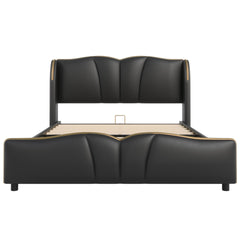 Queen Size Leather Upholstered Bed Frame, Modern Bed Frame with Wingback Head board, Upholstered Platform Bed with Wavy Footboard, No Spring Box Needed, Black
