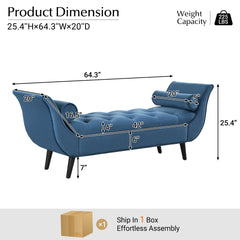 Upholstered Velvet Bench, End of Bed Bench with 2 Pillows, Upholstered Button Tufted Ottoman,Footstool with Rolled Arms, Foot Rest with Solid Wood Legs, for Entryway, Living Room ,Dining Room,Blue