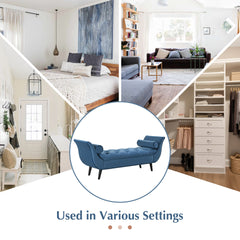 Upholstered Velvet Bench, End of Bed Bench with 2 Pillows, Upholstered Button Tufted Ottoman,Footstool with Rolled Arms, Foot Rest with Solid Wood Legs, for Entryway, Living Room ,Dining Room,Blue