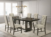7pc Rectangular Extendable 18" Leaf Dining Table Trestle / Pedestal Base Beige Fabric Upholstered Button Tufted Chairs Wooden Dining Room Furniture Contemporary Modern Espresso Dark Brown Finish
