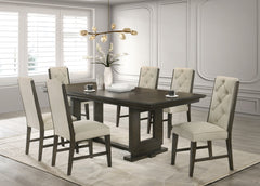 7pc Rectangular Extendable 18" Leaf Dining Table Trestle / Pedestal Base Beige Fabric Upholstered Button Tufted Chairs Wooden Dining Room Furniture Contemporary Modern Espresso Dark Brown Finish