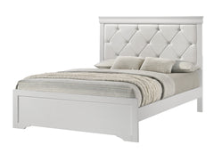 Modern 1pc White Finish Full Size Panel Bed Upholstered Headboard Crystal-Like Button Tufted Texture Wood Bedroom Furniture