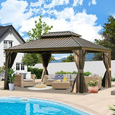 12' x 16' Hardtop Gazebo Outdoor Aluminum Gazebos Grill with Galvanized Steel Double Canopy for Patios Deck Backyard,Curtains&Netting