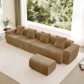 Streamlined Design Modular 4 Seat L Shape Sectional Boneless Sofa with French Edge Piping, No Assembly Required, 4-Seat Sofa Couch with Throw Pillows and 1 Movable Ottoman, Velvet Fabric Brown